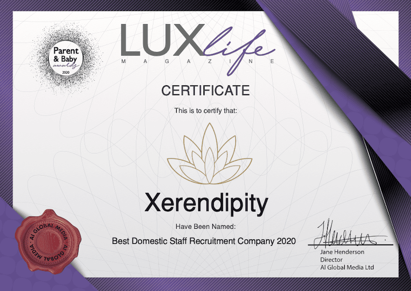 Xerendipity Best Domestic Staff Recruiting Company 2020 Award LUXLife Magazine Parent & Baby Award 2020